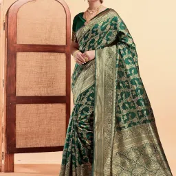 Satrani Green Silk Woven Saree With Unstitched Blouse image 1