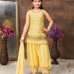 Aarika Kids Yellow Embellished Kurti, Salwar, Dupatta with Unstitched Sleeves image 1