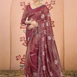 Satrani Maroon Net Embroidered Saree With Unstitched Blouse image 1