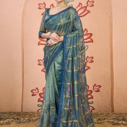 Satrani Blue Net Embroidered Saree With Unstitched Blouse image 1