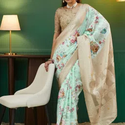 Satrani Beige Chanderi Silk Floral Saree With Unstitched Blouse image 1