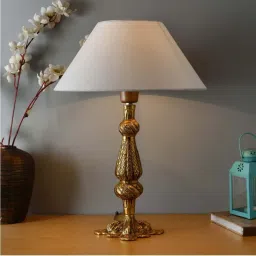 Homesake Classic Antique Gold Metal Carving Table Lamp with White Shade - Set of 1 image 1