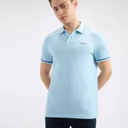 Pepe Jeans Blue Regular Fit Self Pattern Polo T-Shirt image 1