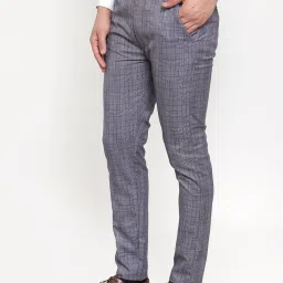 Jainish Blue Cotton Tapered Fit Checks Flat Front Trousers image 3