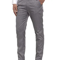 Jainish Grey Cotton Tapered Fit Striped Flat Front Trousers image 3