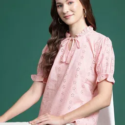 DressBerry Floral Print Tie-Up Neck Puff Sleeve Cotton Top-image-26