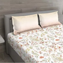 GM 'Matthiola' Beige & Brown Cotton 150 TC Double Bedsheet with 2 Pillow Covers image 3