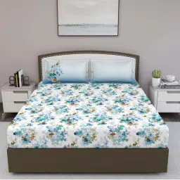 GM 'Fiesta' Blue & White Cotton 180 TC Double Bedsheet with 2 Pillow Covers image 2
