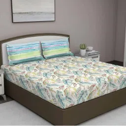 GM 'Fiesta' Beige & Blue Cotton 180 TC Double Bedsheet with 2 Pillow Covers image 1
