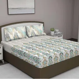 GM 'Fiesta' Blue & Beige Cotton 180 TC Double Bedsheet with 2 Pillow Covers image 1