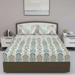 GM 'Fiesta' Blue & Beige Cotton 180 TC Double Bedsheet with 2 Pillow Covers image 2