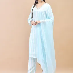 Shree Striped Regular Thread Work Liva Kurta With Trousers & Dupatta image 3