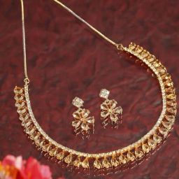 Zeneme Gold Plated Transparent AD Studded Necklace and Earring Set-picture-43
