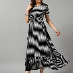 Krunal Raiyani Women Striped Monochrome Round Neck Tiered Fit & Flare Maxi Dress-image-54