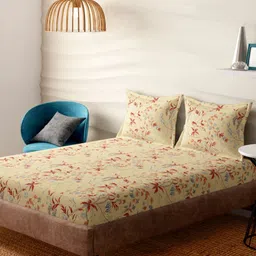 Portico Cream-Coloured & Red Floral 300 TC Bedsheet with 2 Pillow Covers-image-27
