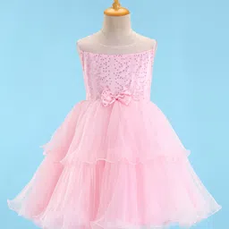 Babyhug Sleeveless Sequinned Party Wear Layered Frock Bow Applique- Pink-picture-24