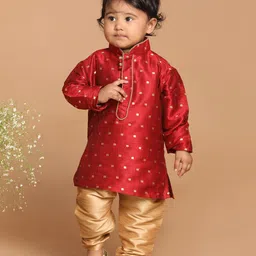 Vastramay Full Sleeves Foil Square Threadwork Detail Kurta With Pyjama - Maroon-picture-21