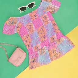 Pantaloons Junior Half Sleeves Seamless Floral Blocks Printed & Smock Detailed Top - Multi Color-image-50