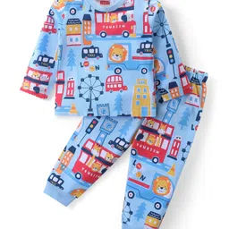 Babyhug Cotton Knit Full Sleeves Night Suit With London City Theme Print - Blue-picture-26