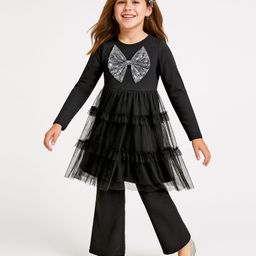 arias by lara dutta Arias Cotton Woven Full Sleeves Top & Flared Pants Set With Sequinned Bow Detailing - Black-picture-25