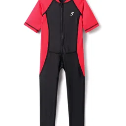 Bosky Swimwear Half Raglan Sleeves Legged Swimsuit - Black & Red-image-57