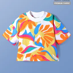 Pine Kids Cotton Knit Half Sleeves Over Sized Top with Tropical Theme Print - White-picture-18