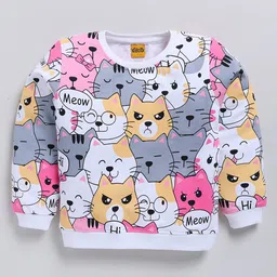 Kidcity Cotton Looper Full Sleeves Cats Printed Sweatshirt - White-image-89