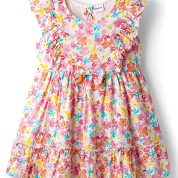 Babyhug Rayon Woven Frill Sleeves Floral Printed Frock with Bow Applique - Pink-picture-12