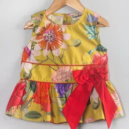 Hugsntugs Woven Cotton Sleeveless Floral Printed Bow Applique Top - Mustard-image-12