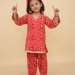 Little Ginnie Cotton Woven Full Sleeves Bandhani Printed & Gota Lace Embellished Kurta & Pant Set - Red-picture-15