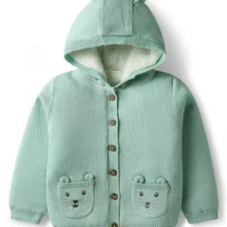Babyhug Knit Full Sleeves Hooded Front Open Sweater with Ear Applique - Sea Green-picture-26