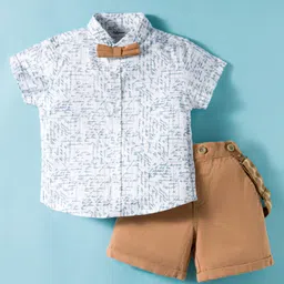 ToffyHouse Cotton Woven Half Sleeves Printed Shirt & Shorts Set with Bow & Suspender - White & Beige-image-43
