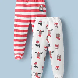 Bonfino 100% Cotton Knit Full Length Diaper Leggings With Stripes & Animal Print Pack Of 2 - Red & White-picture-11