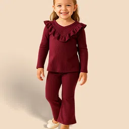 Tiara Cotton Rib Knit Full Sleeves Frill Detailed Top With Bell Bottom Pant Set - Maroon image 1