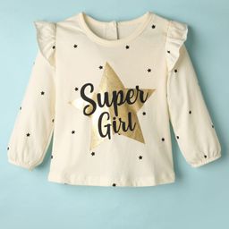 Babyhug 100% Cotton Knit Full Sleeves Top with Star Foil Print & Frill Detailing - Off White-picture-36