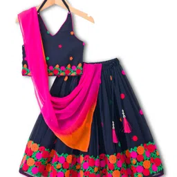 Babyhug Georgette Woven Sleeveless Choli Lehenga & Dupatta Set With Floral Embroidery - Navy Blue-picture-24