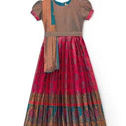 Bhartiya Paridhan Silk Woven Half Sleeves Ethnic Dress With Dupatta Set & Floral Print - Maroon-picture-13