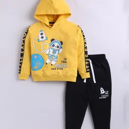 Little Ninja Cotton Knit Full Sleeves Panda In Space Printed Hooded Sweatshirt & Joggers Set - Yellow & Black-picture-25