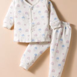 Simply Interlock Knit Full Sleeves Front Open Co-Ord Night Suit with Rainbow Print - Offwhite-picture-45