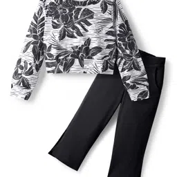 CrayonFlakes Cotton Knit Full Sleeves Floral Printed Crop Top With Flared Pant Set - Black & White-picture-20