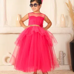 Toy Balloon Kids Net Woven Sleeveless Floral Applique Detailed & Sequins Embellished Layered Gown - Fuchsia Pink-picture-36