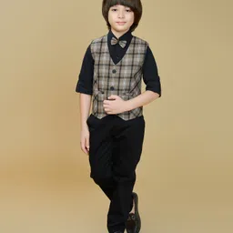 Ministitch Cotton Woven Full Sleeves Tartan Checked 3 Piece Party Suit Set With Bow - Brown-picture-35