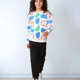 Anthrilo Fleece Knit Full Sleeves Pear & Apples Printed Winter Sweatshirt With Joggers Set - White & Black-picture-17