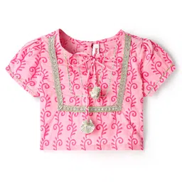 Babyhug Woven Half Sleeves Choli Lehenga Set And Dupatta With Floral Print & Lace Detailing - Pink image 2