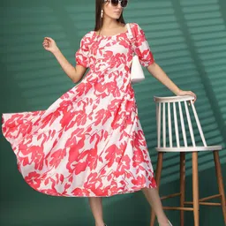 Oomph! Women Floral Printed Sweetheart Neck Puff Sleeve Fit & Flare Midi Dress-image-39