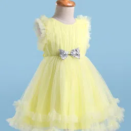 Babyhug Woven Frill Sleeves Party Mesh Dress with Bow Applique & Sequin Detailing - Yellow image 3