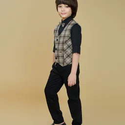Ministitch Cotton Woven Full Sleeves Tartan Checked 3 Piece Party Suit Set With Bow - Brown image 4