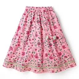 Babyhug Woven Half Sleeves Choli Lehenga Set And Dupatta With Floral Print & Lace Detailing - Pink image 4