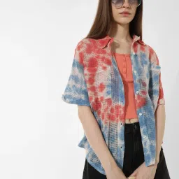 Only Blue & Red Cotton Self Design Shirt image 1