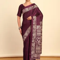 Soch Womens Wine Floral Print Border Art Silk Saree image 1